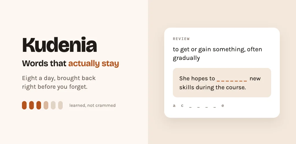 Магазинната графика на Kudenia: името на приложението, редът „Words that actually stay“ и карта за преговор, в която думата се изписва по определение.